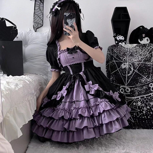 Victorian Vintage Lolita Dress for Women – Gothic Y2K Puff Short Sleeve Laminated Flounces Mini Dress with Bow & Ruffles