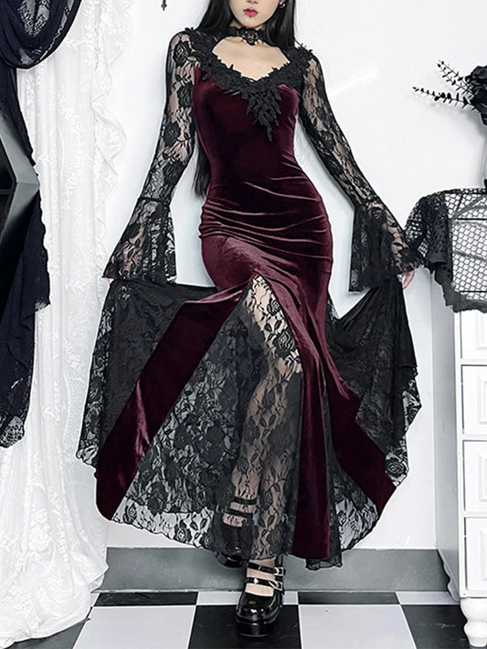 AltGoth Aesthetic Gothic Midi Dress – Vintage Lace Patchwork Clubwear for Women