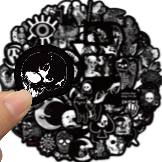 50PCS Black & White Gothic Skull Stickers – Waterproof Vinyl Aesthetic Stickers for Bottles, Phones & More