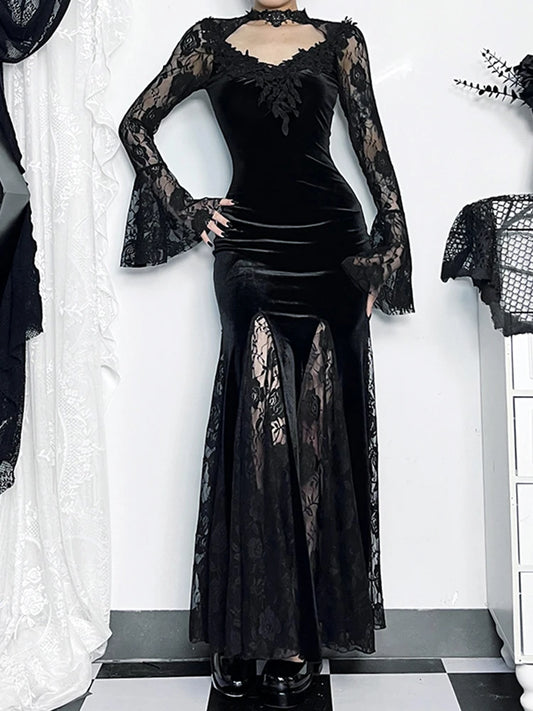 AltGoth Aesthetic Gothic Midi Dress – Vintage Lace Patchwork Clubwear for Women