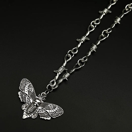 Goth Moth Skull Barbed Wire Cross Pendant Choker Necklace – Punk Hip Hop Y2K Vampire Jewelry