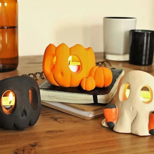 Halloween Candle Holder – Resin Skull, Pumpkin & Ghost Candlestick Ornaments for Party & Home Decor