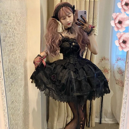 Japanese Victorian Gothic Lolita Dress – Vintage Sweet Lace Rose Princess Slip Dress for Women