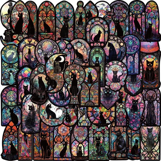 50PCS Gothic Black Cat & Moon Stickers – Halloween Tarot Goth Decals for DIY Scrapbooks, Bottles, Phones & More