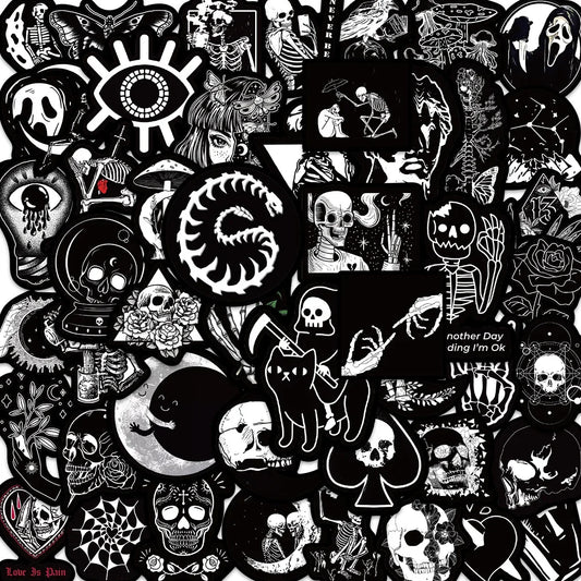 50PCS Black & White Gothic Graffiti Stickers – Skull & Dark Art Decals for DIY, Motorcycle, Laptop, Phone, Helmet & More