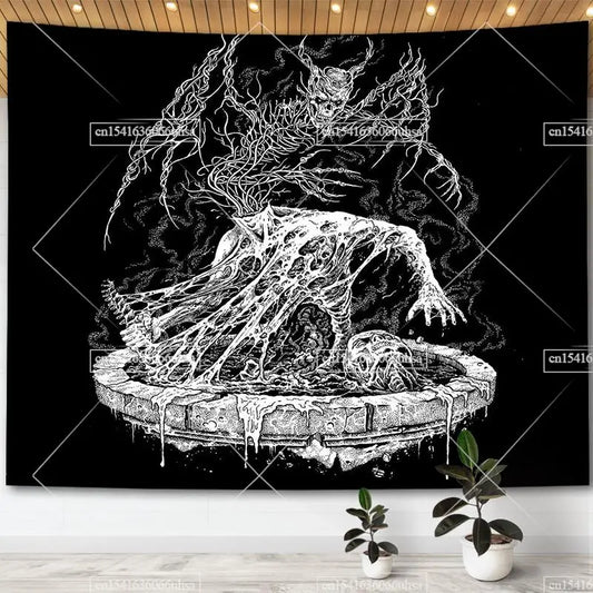 Black and White Skull Moon Tapestry – Gothic Skeleton & Mandala Floral Wall Decor