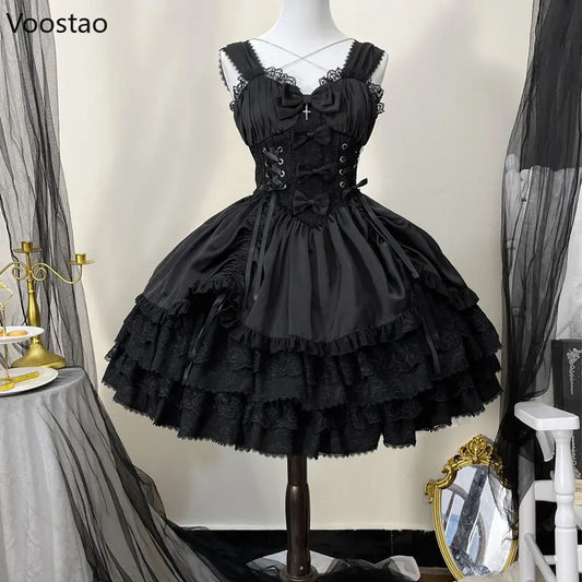Vintage Gothic Lolita Dress for Women – Victorian Punk Slim Bandage Princess Party Dress with Metal Cross Bow