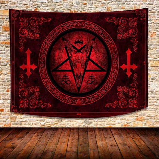 VIKAMA Halloween Dark Night Ritual Tapestry – Satanic Goat Head Witch Altar Wall Decor