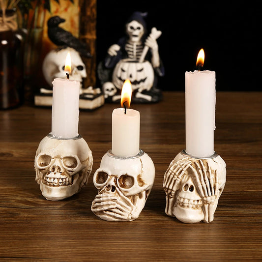 Halloween Skull Candle Holders – Resin Gothic Skeleton Candlestick Decor