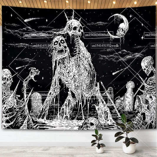 Black and White Skull Moon Tapestry – Gothic Skeleton & Mandala Floral Wall Decor