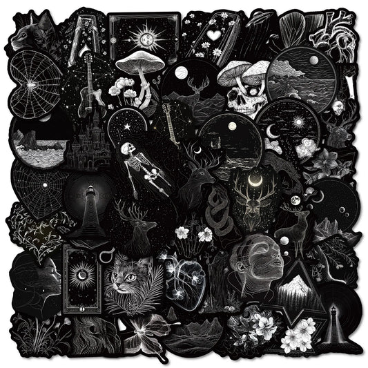 50PCS Black & White Gothic Skull Stickers – Waterproof Vinyl Aesthetic Stickers for Bottles, Phones & More
