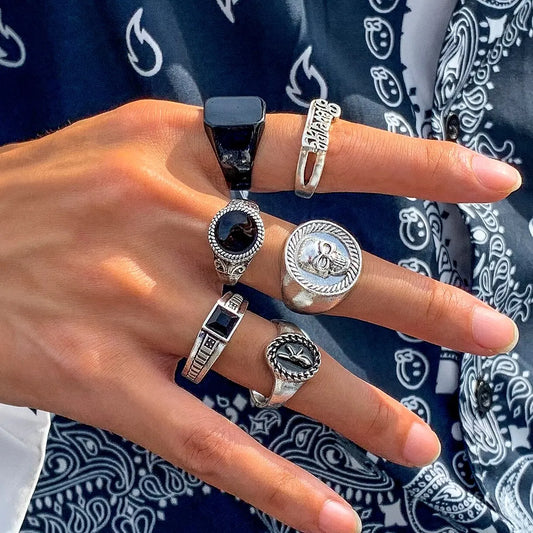 6-Piece Gothic Vintage Skull Ring Set – Antique Silver Punk Knuckle Jewelry