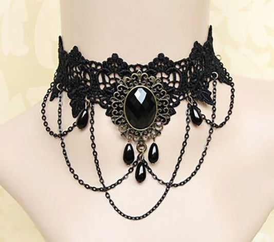 Rose Flower Red & Black Velvet Choker – Lace Bead Chain Necklace for Women & Girls