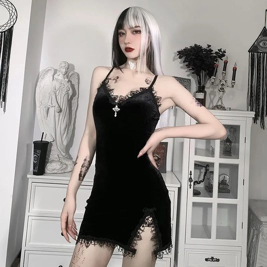 Dark Cross Black Mini Dress – Vintage Sexy Spaghetti Strap High Waist Slit Dress for Women