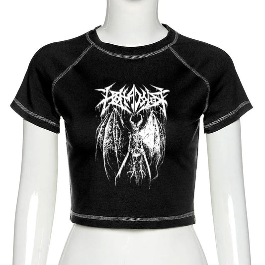 Women's T-shirt Harajuku Crop Top – Retro Korean Black Demon Punk Gothic Anime Print