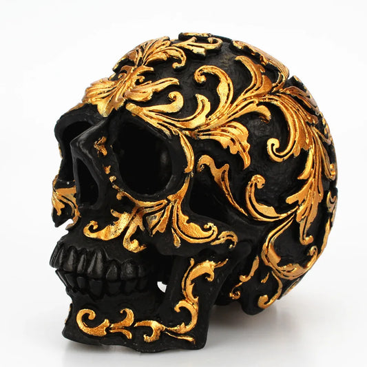 Resin Craft Black Skull Head with Golden Carving – Halloween Party Decoration & Home Ornament
