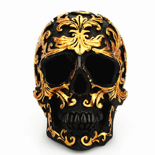 Resin Craft Black Skull Head with Golden Carving – Halloween Party Decoration & Home Ornament