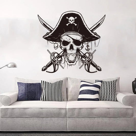 Cartoon Nautical Pirate Sabers Skull Wall Sticker – Kids Room Playroom Sword Weapon Captain Ocean Wall Decal Gameroom Vinyl Decor