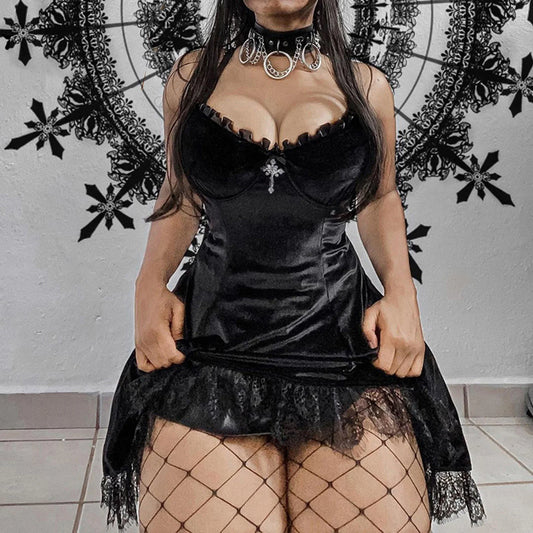 Women’s Vintage Gothic Velvet Bodycon Dress – Ruffle, Lace & Bowknot Y2K Chic Style