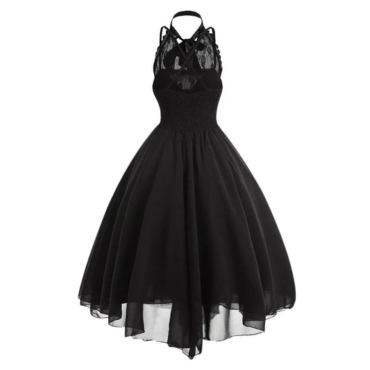 Women’s Black Gothic Punk Vintage Party Dress – Sleeveless Cross Back Lace Panel Corset Swing Dress