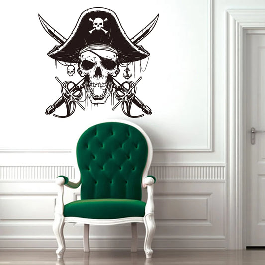Cartoon Nautical Pirate Sabers Skull Wall Sticker – Kids Room Playroom Sword Weapon Captain Ocean Wall Decal Gameroom Vinyl Decor