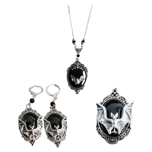 Halloween Black Bat Vampire Jewelry Set – Gothic Earrings, Necklace & Ring for Women & Girls