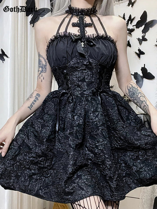 Goth Dark Mall Gothic Emo Jacquard A-Line Dress – Elegant Grunge Punk Black Partywear for Women