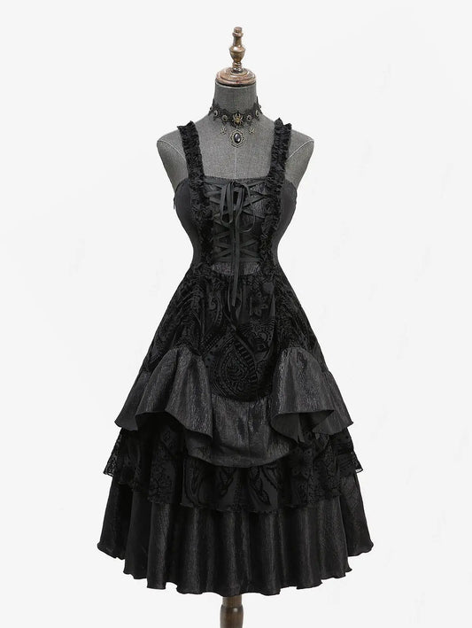 ROSEGAL Gothic Lolita Dress – Black Classic Floral Mesh with Flocking, Lace-Up & Ruffles