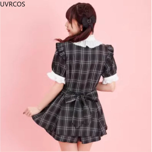 Japanese Style Gothic Y2K Lolita Plaid Rhinestone Bow Dress &amp; Shorts Set – Sweet Women’s Puff Short Sleeve Button Shirt Party Dress