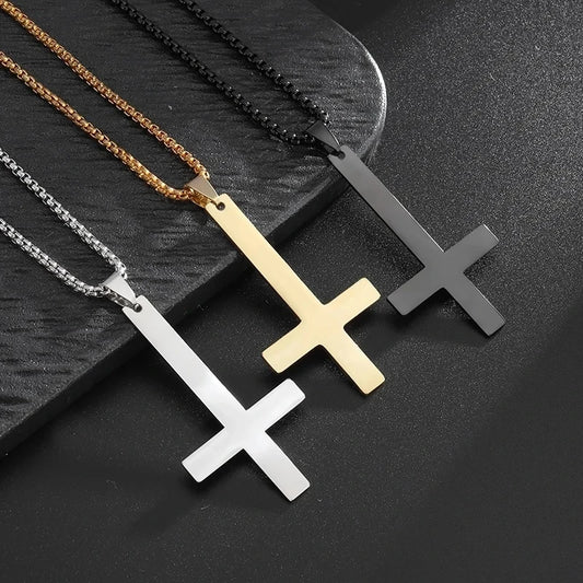 Titanium Steel Inverted Cross Necklace – Men's Punk Gothic Demonic Symbol Pendant