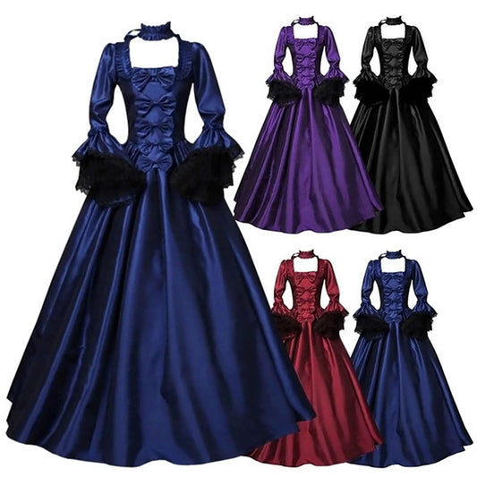 Medieval Victorian Court Lace Patchwork Gothic Dress – Halloween Witch Cosplay Maxi Costume