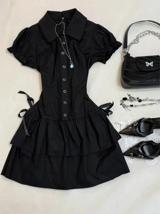 Vintage Black High Street Patchwork Dress – Summer Gothic Slim Bow Short Sleeve Dress for Women