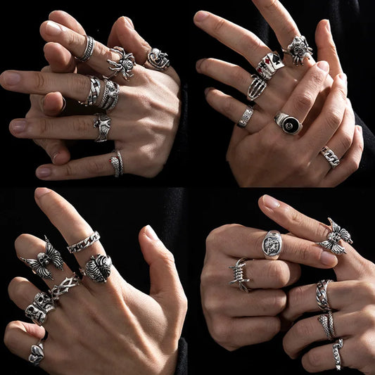 Vintage Punk Metal Multi-Element Ring Set for Women & Men – Antique Silver Butterfly, Snake & Skull Gothic Jewelry