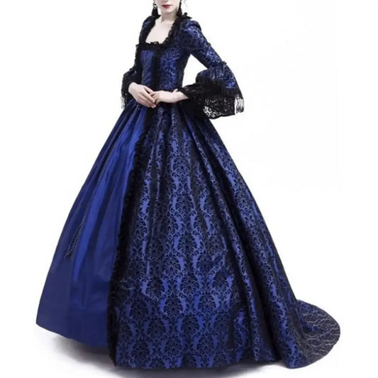 Women’s Vintage Medieval Gothic Maxi Dress – Square Neck, Flare Sleeves & Lace Patchwork