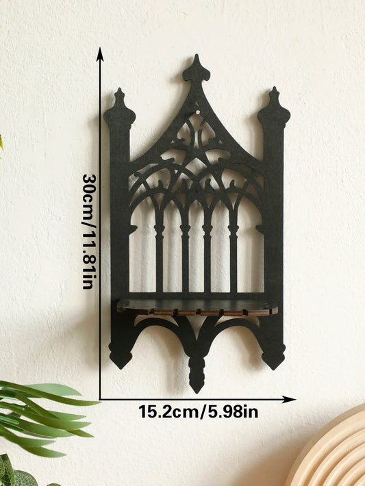 Black Gothic Wooden Shelf – Vintage Wall Hanging Fence-Style Decor