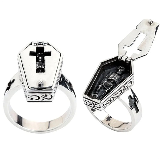 Vintage Halloween Vampire Skull Flip Coffin Ring – Gothic Punk Steam Motorcycle Men’s Jewelry
