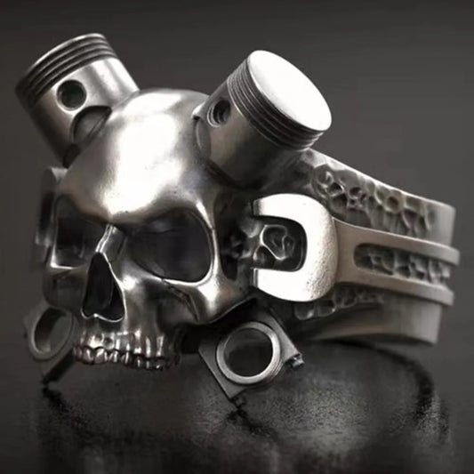 Hip-Hop Retro Steampunk Heavy Skull Ring – Gothic Wrench &amp; Screw Design for Men & Women
