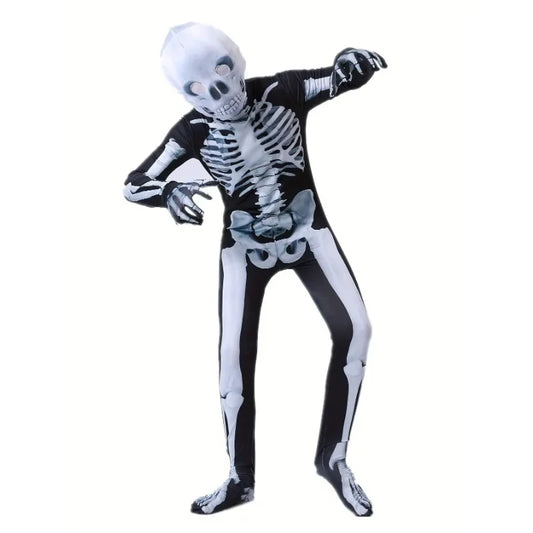 Halloween Boys Skeleton Costume (Ages 3-12) – Printed Jumpsuit with Scary Mask for Spooky Role Play