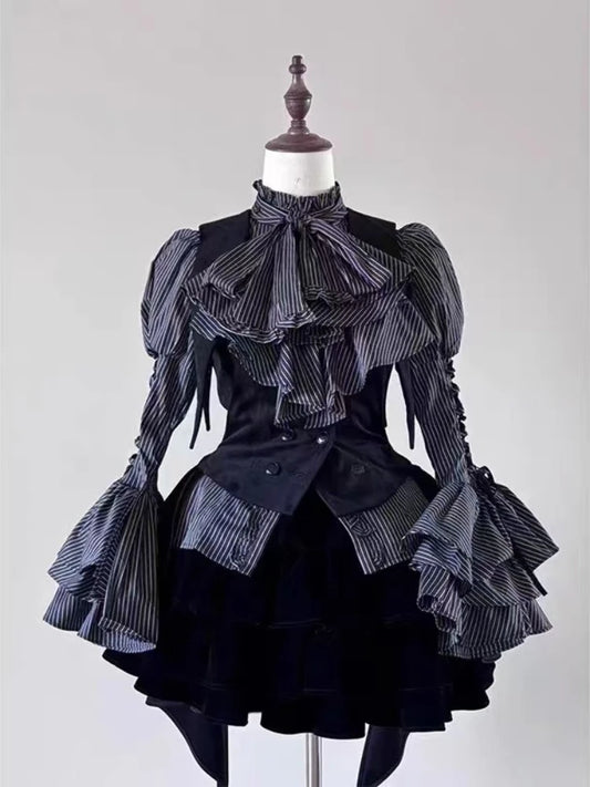 Japanese Gothic Vintage Lolita 3-Piece Set – Striped Blouse, Chic Vest & Fluffy Cake Skirt