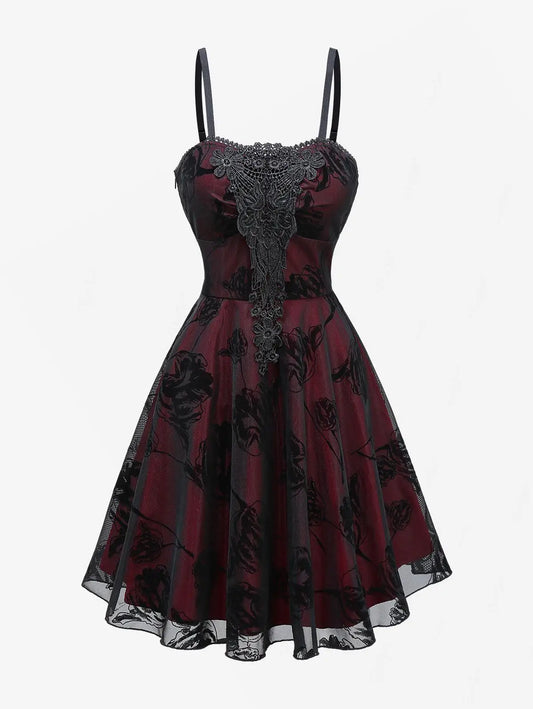 ROSEGAL Women’s Gothic Dress – Vintage Mesh Flocking Applique Layered A-Line Cami Dress