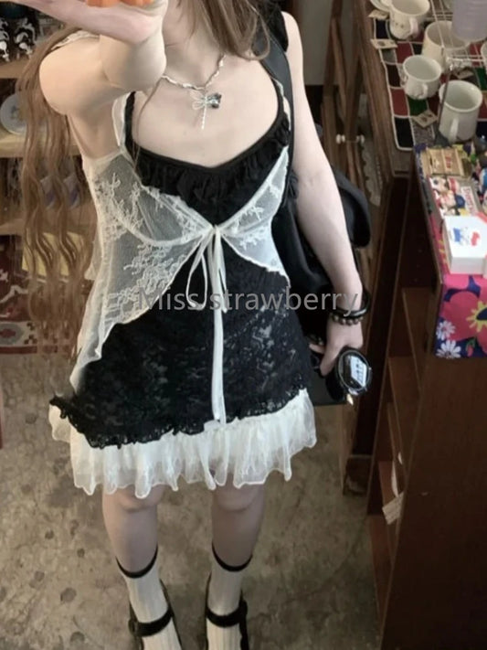 Aesthetic Vintage Lace Slim Dress – Gothic Y2K Off-Shoulder Lace-Up Sling Dress for Women