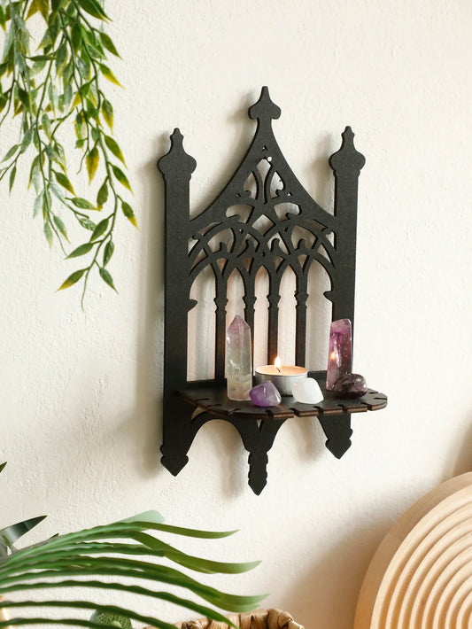 Black Gothic Wooden Shelf – Vintage Wall Hanging Fence-Style Decor