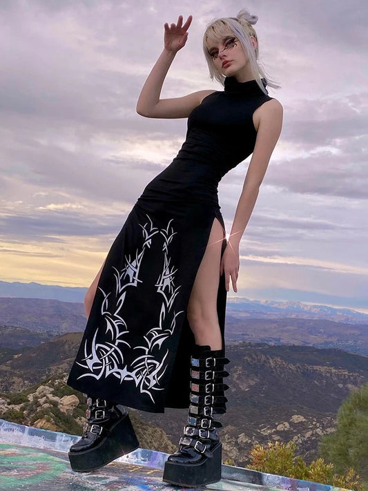 SUCHCUTE Gothic Print Midi Dress for Women – Summer Turtleneck Dark Academia Harajuku Sleeveless Dress