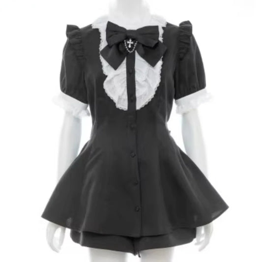 Japanese Style Gothic Y2K Lolita Plaid Rhinestone Bow Dress &amp; Shorts Set – Sweet Women’s Puff Short Sleeve Button Shirt Party Dress