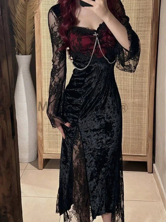Summer Gothic Grunge Y2K Lace Dress – Dark Academia Sexy Slim Party Dress for Women