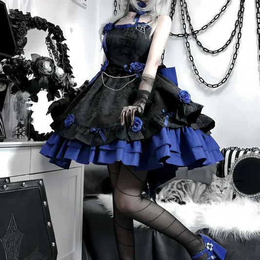 COALFELL Vintage Blue Gothic Lolita JSK Dress – Elegant Rose Ruffle Bow Princess Dress for Women