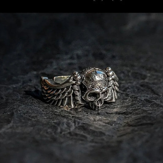 Unisex Retro Vintage Hip-Hop Wings Skull Head Opening Ring – Wholesale Available