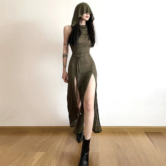 Goth Dark Cyber Gothic Desert Walker Hooded Dress – Y2K Punk Grunge Hollow-Out Midi Dress with Side Split for Women