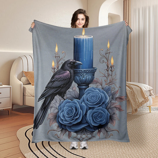 Gothic Raven with Candle and Blue Roses Blanket – Dark Aesthetic Home Decor & Unique Gift