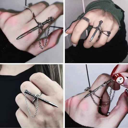 Gothic Dark Crossing Swords Ring – Creative Chain Tassel Skeleton Ring for Women, Vintage Antique Silver Style